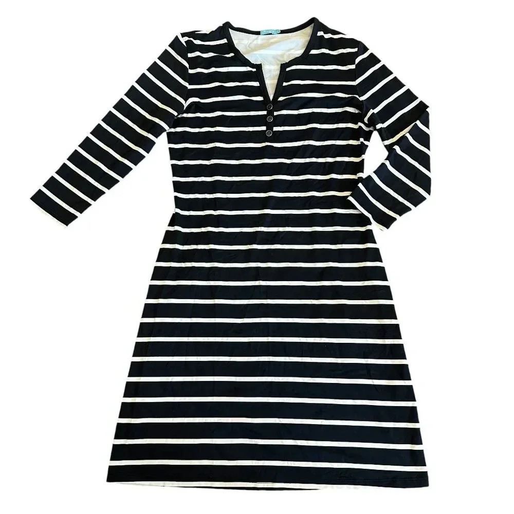 J. McLaughlin Back White Stripe Dress Shift 3/4 Sleeves Stretch Size Small Women